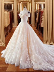 Wedding Dresses Long Sleeves, Ball-Gown Sweetheart Appliques Lace Court Train Lace Wedding Dress