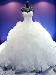 Wedding Dresses No Sleeves, Ball-Gown Sweetheart Beading Cathedral Train Organza Wedding Dress