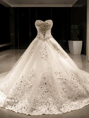 Wedding Dress Styles, Ball Gown Sweetheart Cathedral Train Tulle Wedding Dresses With Sequin