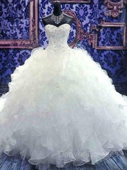 Wedsing Dress Off The Shoulder, Ball Gown Sweetheart Cathedral Train Organza Wedding Dresses With Beading