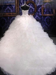 Wedding Dress A Line Sleeves, Ball Gown Sweetheart Cathedral Train Organza Wedding Dresses With Beading