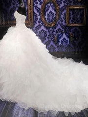 Wedding Dresses A Line Sleeves, Ball Gown Sweetheart Cathedral Train Organza Wedding Dresses With Beading