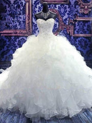 Wedding Dress Order Online, Ball Gown Sweetheart Cathedral Train Organza Wedding Dresses With Beading