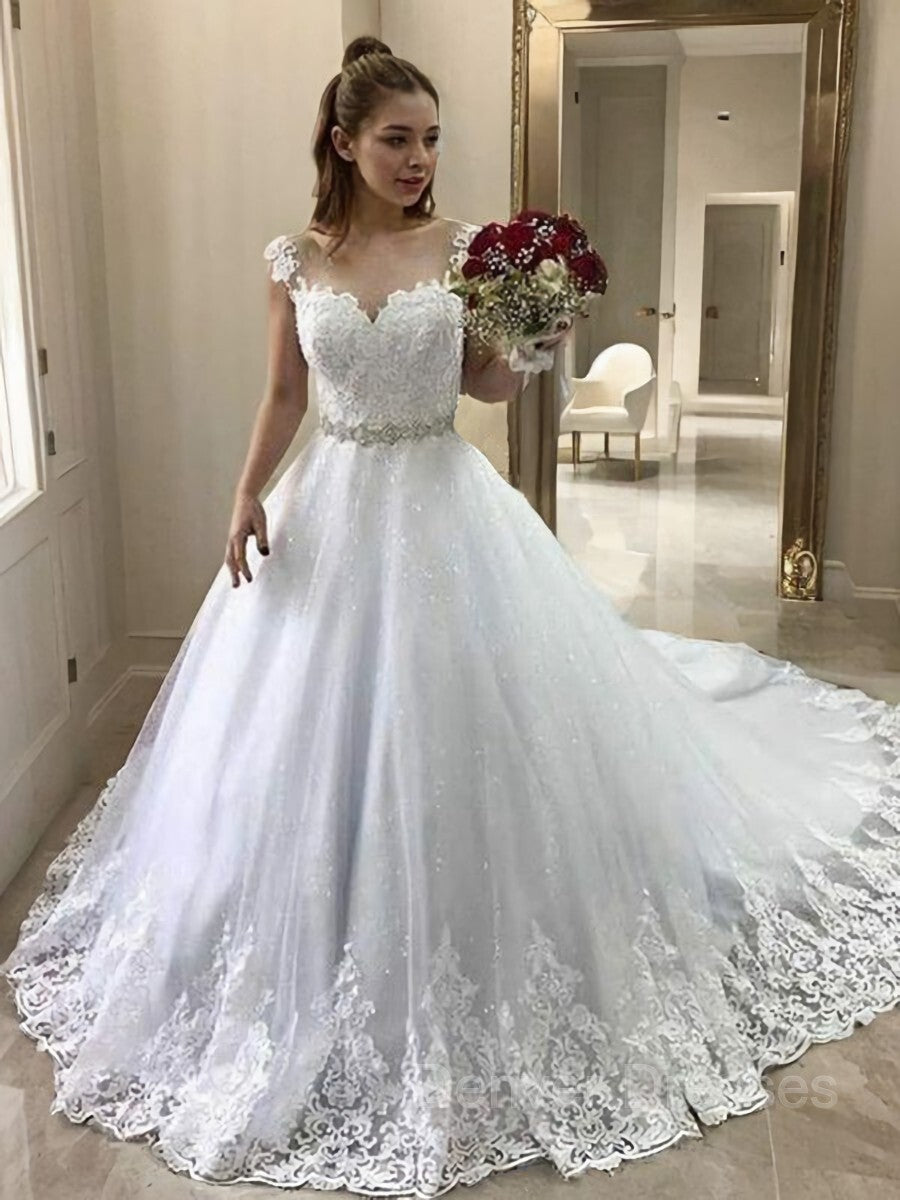 Wedding Dress Long Sleeves, Ball Gown Sweetheart Court Train Tulle Wedding Dresses With Belt/Sash