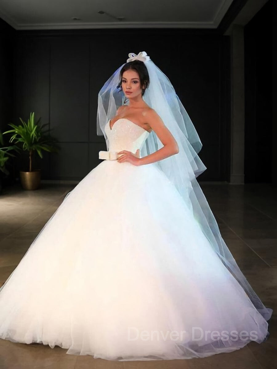 Wedding Dresses For Summer, Ball Gown Sweetheart Floor-Length Tulle Wedding Dresses With Bow