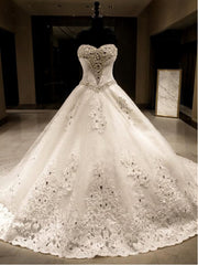 Wedding Dress For Brides, Ball-Gown Sweetheart Sequin Cathedral Train Tulle Wedding Dress