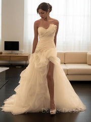 Wedding Dresses Sleeve, Ball Gown Sweetheart Sweep Train Organza Wedding Dresses With Leg Slit