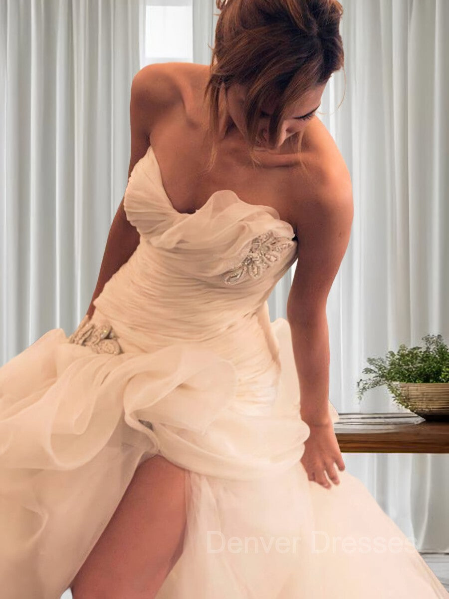 Wedding Dress Sleevs, Ball Gown Sweetheart Sweep Train Organza Wedding Dresses With Leg Slit