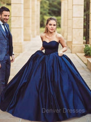 Prom Dresses Light Blue, Ball Gown Sweetheart Sweep Train Satin Prom Dresses