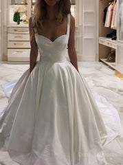 Wedding Dresses For Shorter Brides, Ball Gown Sweetheart Sweep Train Satin Wedding Dresses