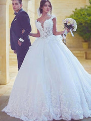 Wedding Dresses For Brides, Ball Gown Sweetheart Sweep Train Tulle Wedding Dresses With Appliques Lace