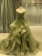 Evening Dresses Sale, Ball Gown Tulle Ruffles Prom Dresses Spaghetti Straps