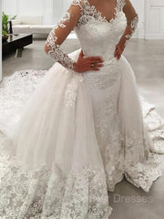 Wedding Dresses Cheap, Ball Gown V-neck Cathedral Train Tulle Wedding Dresses With Appliques Lace