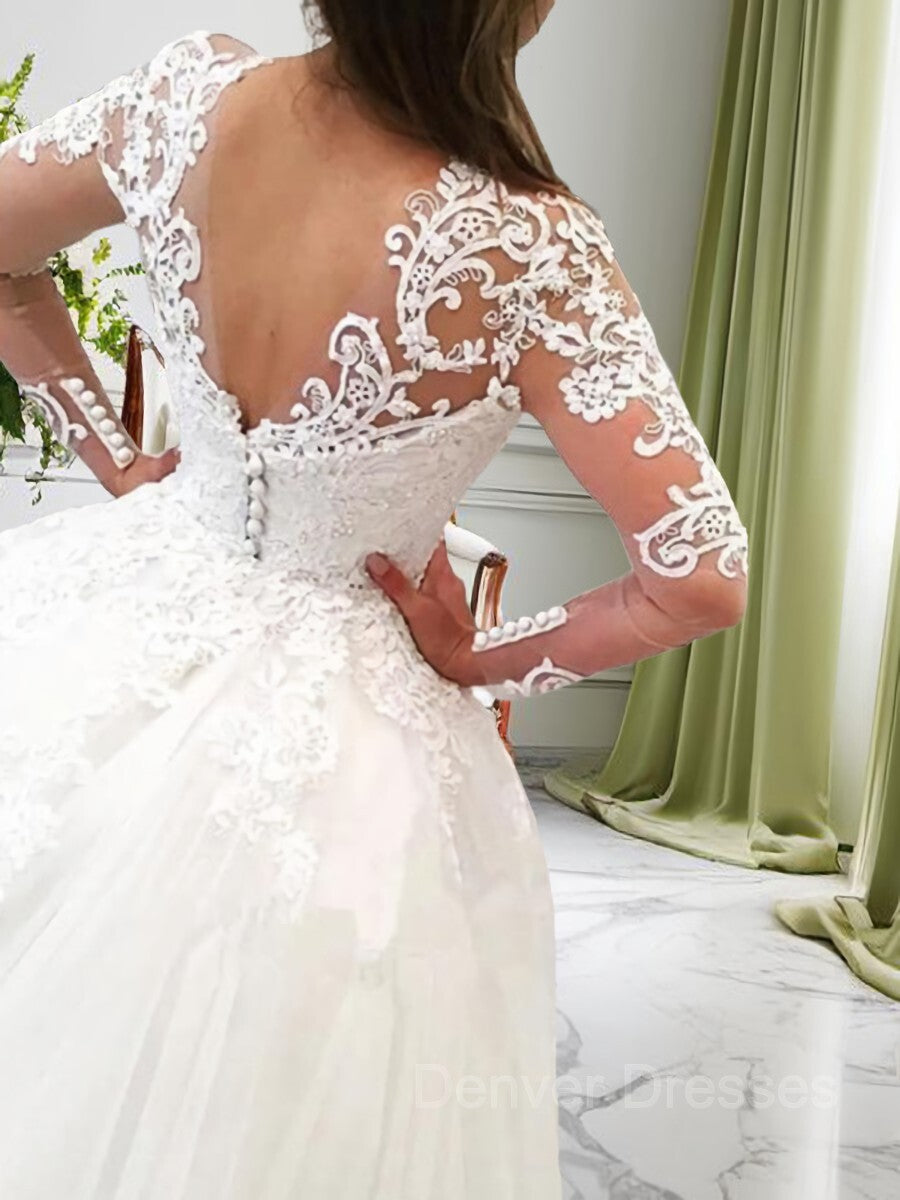 Wedding Dresses 2026, Ball Gown V-neck Cathedral Train Tulle Wedding Dresses With Appliques Lace