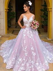 Wedding Dress Pricing, Ball Gown V-neck Chapel Train Lace Wedding Dresses With Appliques Lace