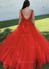Party Dress Summer, Ball Gown V Neck Court Train Lace Tulle Prom Dress With Appliqued Beading