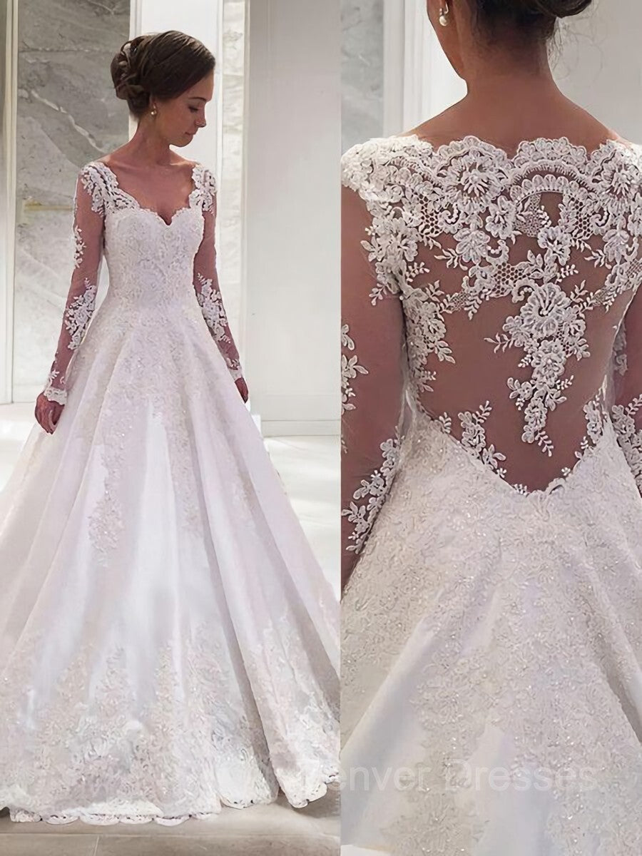 Wedding Dress Tops, Ball Gown V-neck Court Train Satin Wedding Dresses With Appliques Lace
