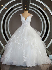 Wedding Dresses For Bride, Ball-Gown V-neck Court Train Tulle Wedding Dresses with Appliques Lace
