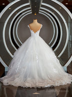 Wedding Dress Satin, Ball-Gown V-neck Court Train Tulle Wedding Dresses with Appliques Lace