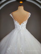 Wedding Dresses Princess, Ball-Gown V-neck Court Train Tulle Wedding Dresses with Appliques Lace