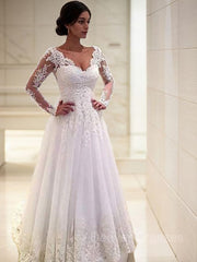 Wedding Dresse Lace, Ball Gown V-neck Court Train Tulle Wedding Dresses With Appliques Lace