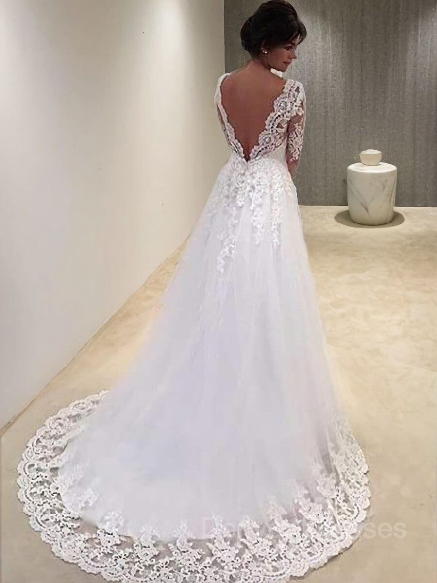 Weddings Dresses Lace, Ball Gown V-neck Court Train Tulle Wedding Dresses With Appliques Lace