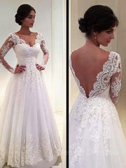 Wedding Dresses For Fall Wedding, Ball Gown V-neck Court Train Tulle Wedding Dresses With Appliques Lace