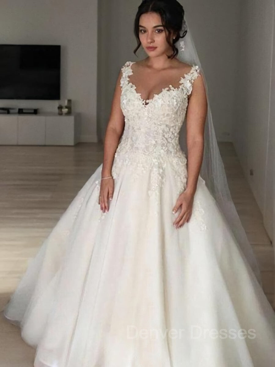 Wedding Dress Boutique, Ball Gown V-neck Court Train Tulle Wedding Dresses With Appliques Lace