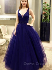 Party Dress Set, Ball Gown V-neck Floor-Length Tulle Evening Dresses With Beading