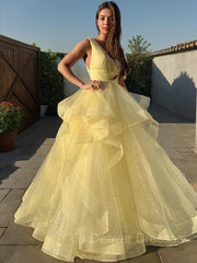 Prom Dresses Around Me, Ball Gown V-neck Floor-Length Tulle Prom Dresses With Pleated