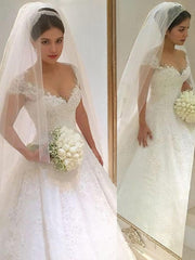 Wedding Dress With Lace, Ball Gown V-neck Floor-Length Tulle Wedding Dresses With Beading