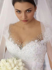 Wedding Dress With Lacing, Ball Gown V-neck Floor-Length Tulle Wedding Dresses With Beading