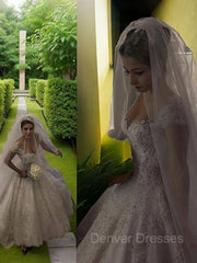 Wedding Dresses With Lace, Ball Gown V-neck Floor-Length Tulle Wedding Dresses With Beading