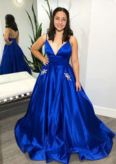 Prom Dress Pieces, Ball Gown V Neck Spaghetti Straps Sweep Train Satin Prom Dress With Pockets Beading