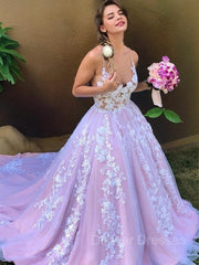 Prom Dresses Ideas, Ball Gown V-neck Sweep Train Lace Prom Dresses With Appliques Lace