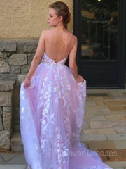 Prom Dress Unique, Ball Gown V-neck Sweep Train Lace Prom Dresses With Appliques Lace