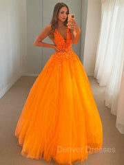 Party Dress Europe, Ball Gown V-neck Floor-Length Tulle Prom Dresses With Appliques Lace