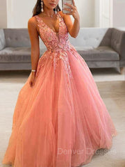 Party Dresses Europe, Ball Gown V-neck Floor-Length Tulle Prom Dresses With Appliques Lace