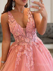 Party Dresses Summer, Ball Gown V-neck Floor-Length Tulle Prom Dresses With Appliques Lace