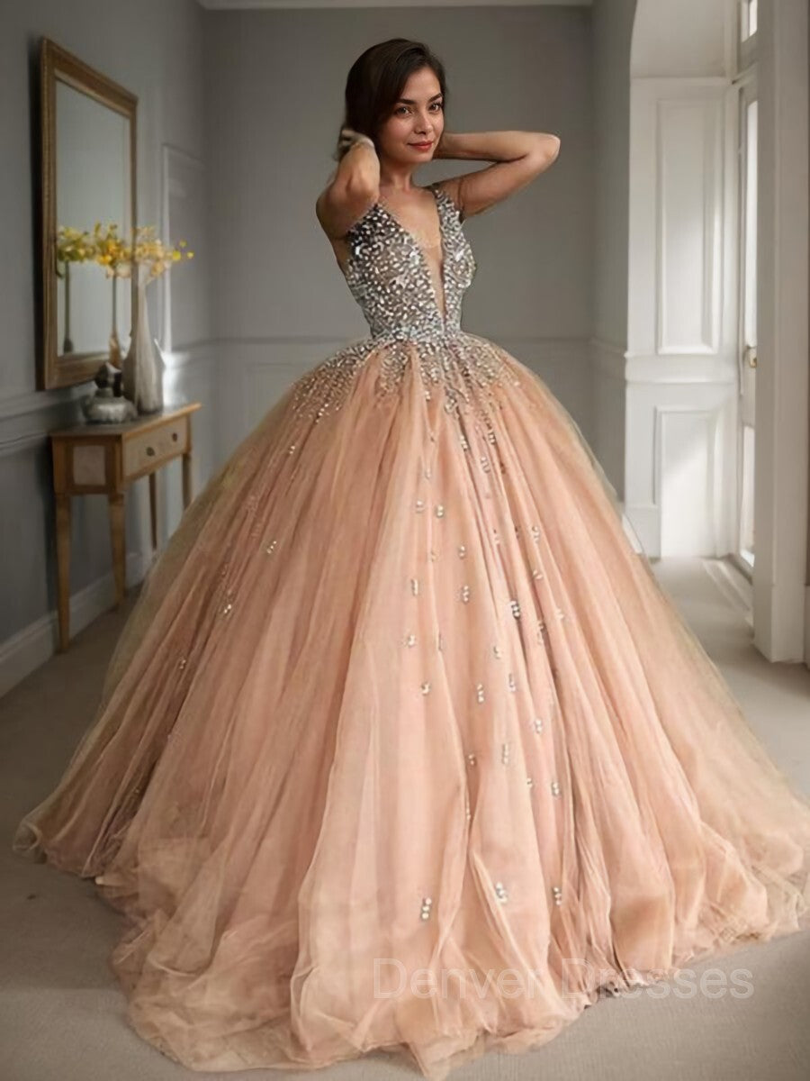 Slip Dress, Ball Gown V-neck Sweep Train Tulle Prom Dresses With Beading
