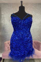 Prom Dress Graduacion, Feathers Red Sequin Straps Bodycon Short Homecoming Dress