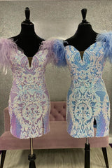 Spring Dress, Blue Deep Off-the-Shoulder Sequins-Embroidered Sheath Homecoming Dress