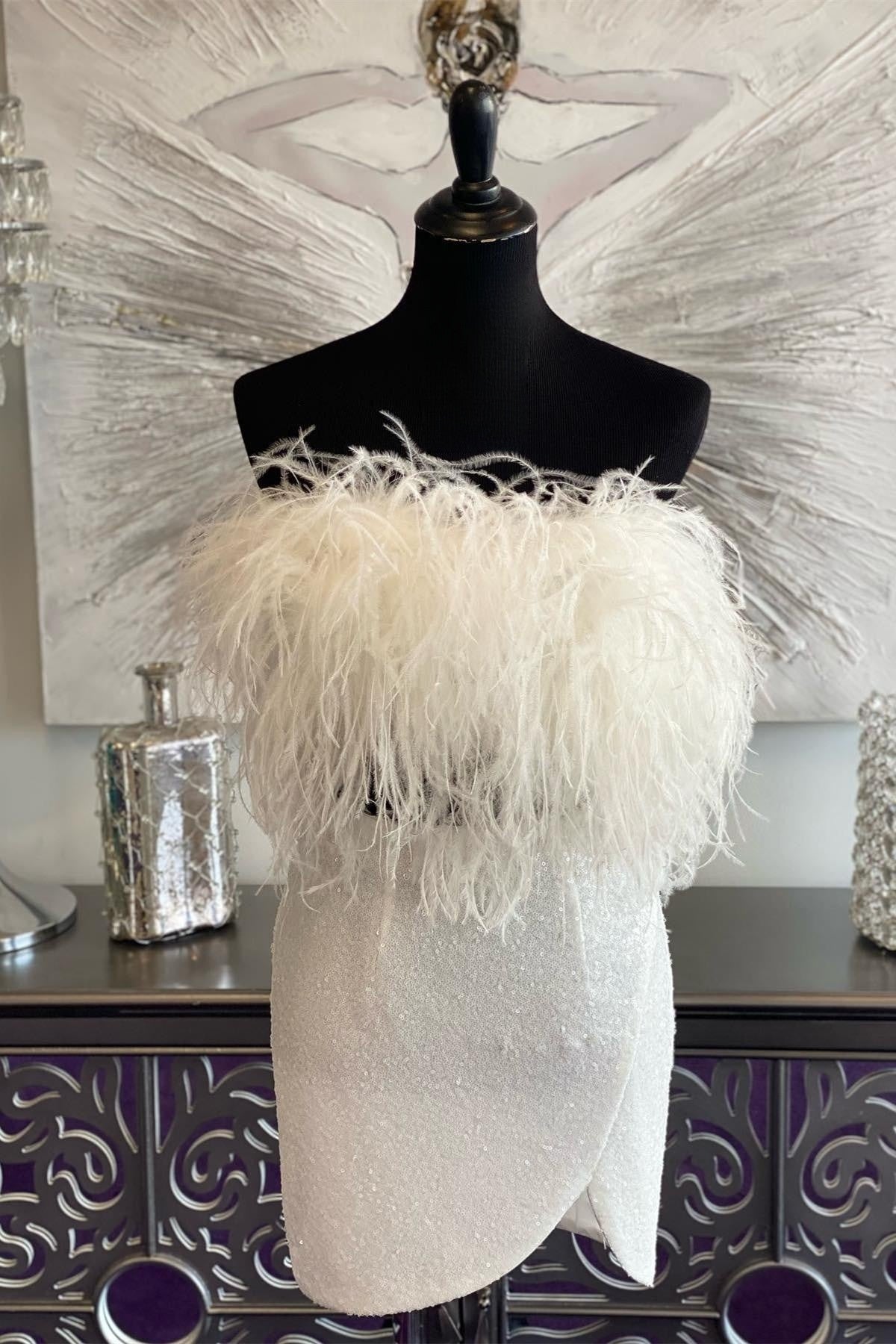 Evening Dress Prom, White Sequins Strapless Homecoming Dress with Feathers