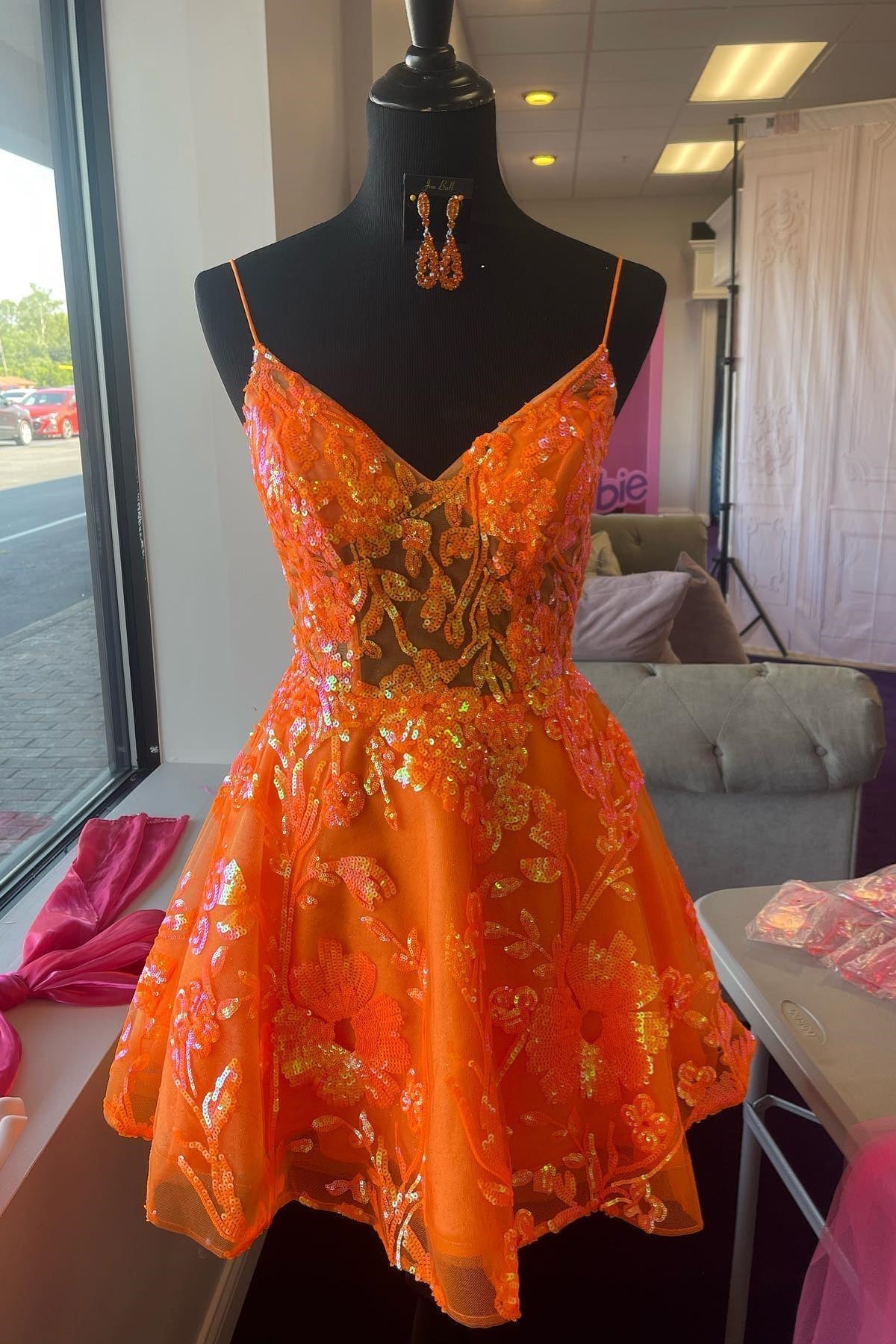 Night Out Outfit, Orange A-line V Neck Straps Sequins-Embroidered Homecoming Dress