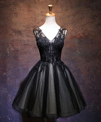 Princess Prom Dress, Black V Neck Lace Short Prom Dress, Black Party Dress