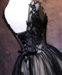 Black Long Dress, Black V Neck Lace Short Prom Dress, Black Party Dress