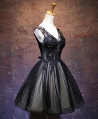 Glamorous Dress, Black V Neck Lace Short Prom Dress, Black Party Dress
