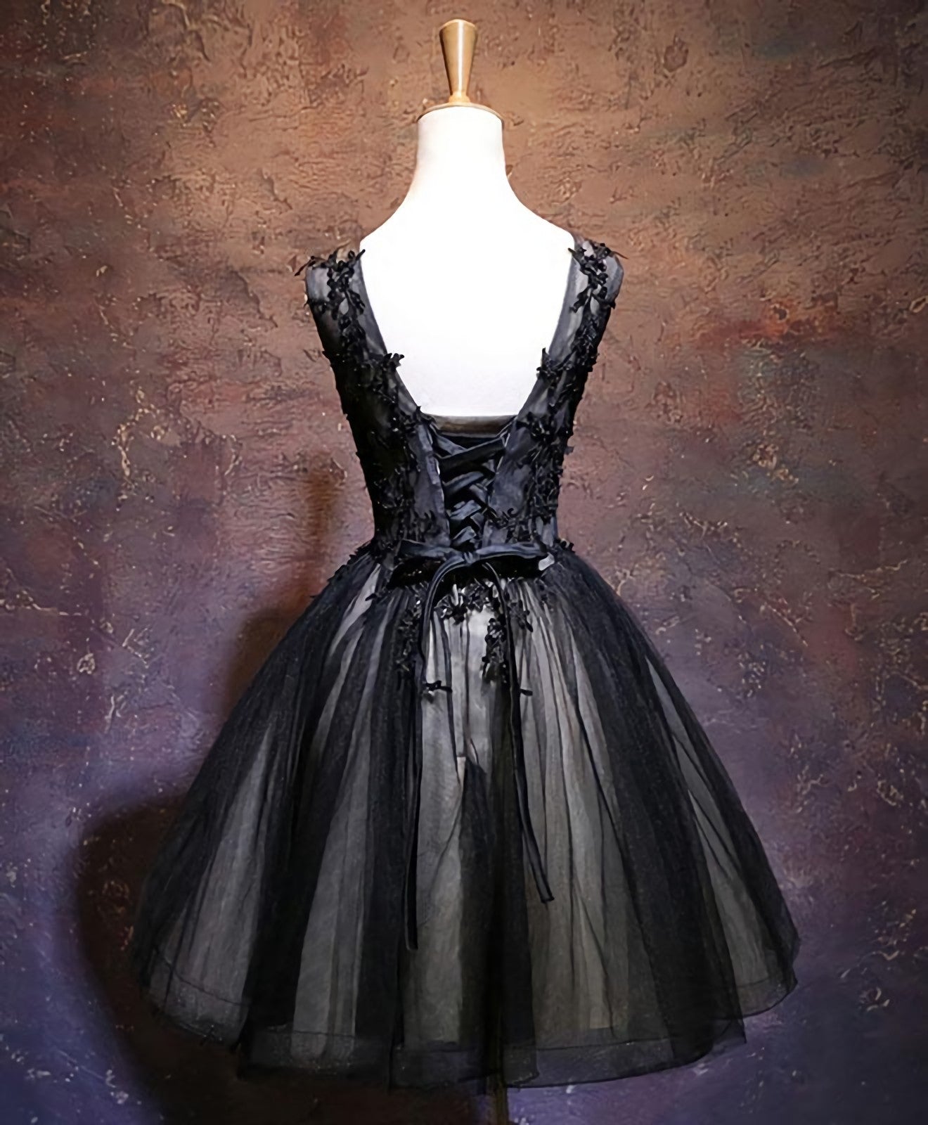 Off Shoulder Prom Dress, Black V Neck Lace Short Prom Dress, Black Party Dress