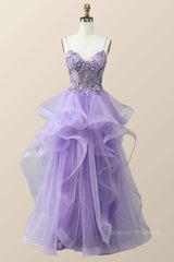 Glamorous Dress, Beaded Lavender Ruffles A-line Long Prom Dress