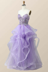 Black Long Dress, Beaded Lavender Ruffles A-line Long Prom Dress